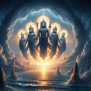 Vibheeshana and four rakshasas appear in a rift in the sky