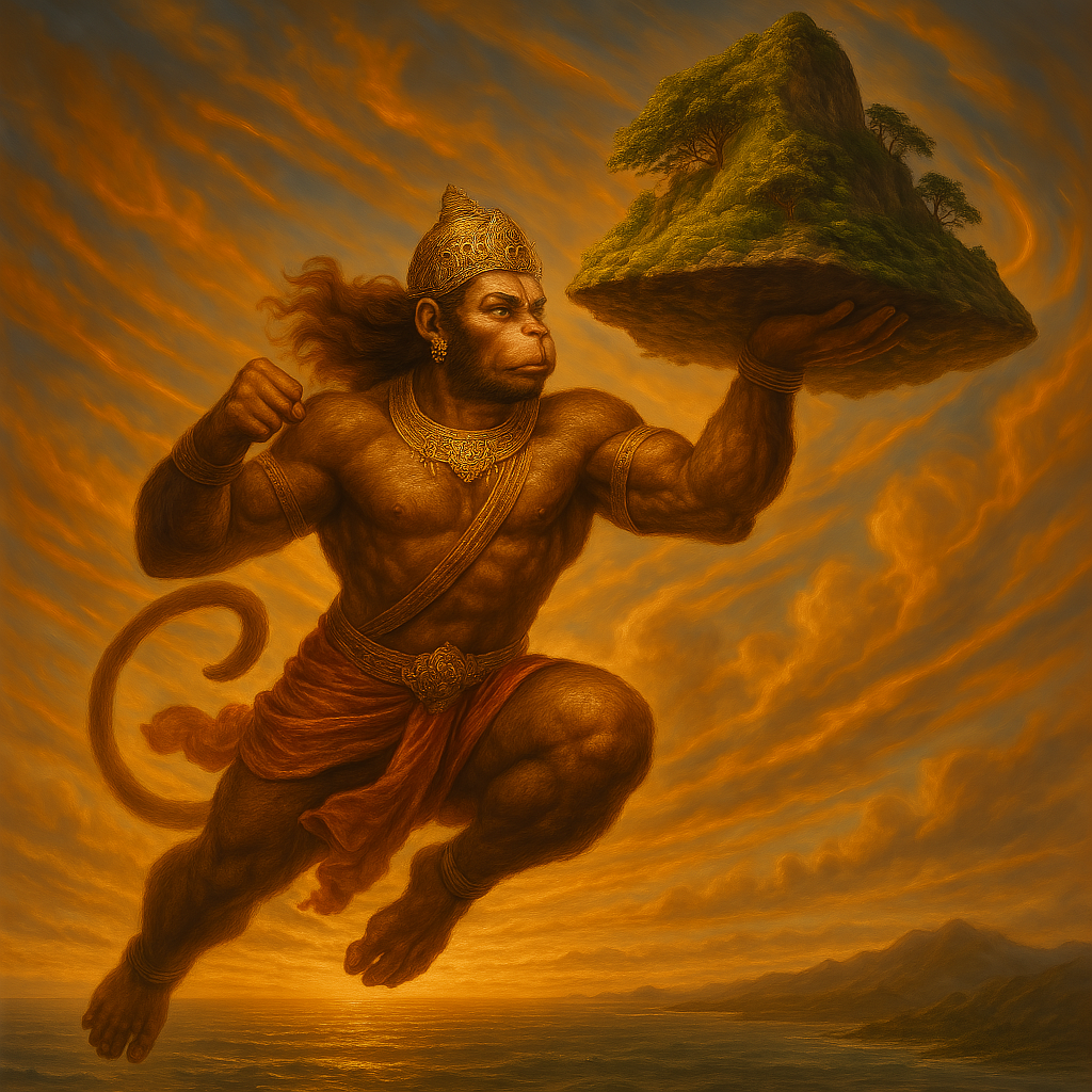 Hanuman carries Oshadhiparvata